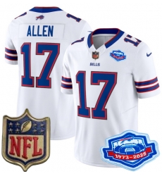 Youth Buffalo Bills 17 Josh Allen White 2025 F U S E Farewell Season Gold Shield Patch Stitched Football Jersey Youth Buffalo Bills 17 Josh Allen White 2025 F U S E Farewell Season Gold Shield Patch Stitched Football Jersey