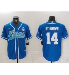 Men Detroit Lions 14 Amon Ra St Brown Blue With 90th Anniversary Patch Cool Base Stitched Baseball Jersey Men Detroit Lions 14 Amon Ra St Brown Blue With 90th Anniversary Patch Cool Base Stitched Baseball Jersey