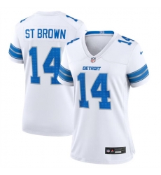 Women Detroit Lions 14 Amon Ra St Brown White Stitched Jersey Women Detroit Lions 14 Amon Ra St Brown White Stitched Jersey