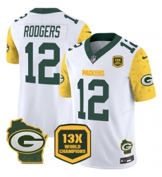 Men Green Bay Packers 12 Aaron Rodgers Cheese White 2024 F U S E 13 Time World Champions And Home Patch Vapor Untouchable Limited Stitched Football Jersey Men Green Bay Packers 12 Aaron Rodgers Cheese White 2024 F U S E 13 Time World Champions And Home Patch Vapor Untouchable Limited Stitched Football Jersey