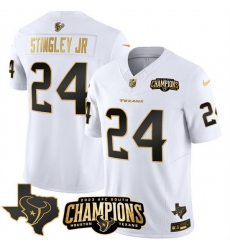 Men Houston Texans 24 Derek Stingley Jr  White Golden 2023 F U S E  With AFC South Champions Patch And Team Logo Patch Limited Stitched Football Jersey