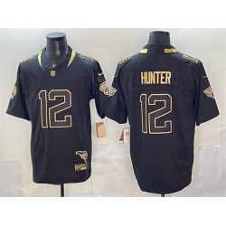 Men Jacksonville Jaguars 12 Travis Hunter Black Gold 2025 F U S E  With Patch Vapor Untouchable Limited Stitched Jersey