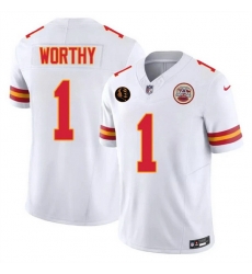 Men   Kansas City Chiefs 1 Xavier Worthy White 2025 F U S E  John Madden Patch Vapor Untouchable Limited Stitched Football Jersey