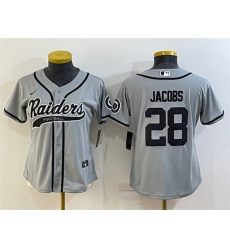 Women Las Vegas Raiders 28 Josh Jacobs Grey With Patch Cool Base Stitched Baseball Jersey Women Las Vegas Raiders 28 Josh Jacobs Grey With Patch Cool Base Stitched Baseball Jersey