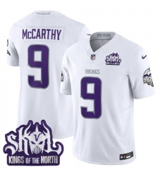 Men Minnesota Vikings 9 J J  McCarthy White 2025 F U S E  Winter Warrior Skol Patch Vapor Limited Stitched Football Jersey