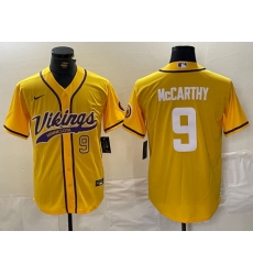 Men Minnesota Vikings 9 J J McCarthy Yellow Cool Base Stitched Baseball Jersey 1 Men Minnesota Vikings 9 J J McCarthy Yellow Cool Base Stitched Baseball Jersey 1