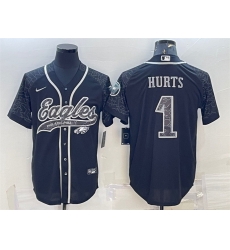 Men Philadelphia Eagles 1 Jalen Hurts Black Reflective With Patch Cool Base Stitched Baseball Jersey Men Philadelphia Eagles 1 Jalen Hurts Black Reflective With Patch Cool Base Stitched Baseball Jersey
