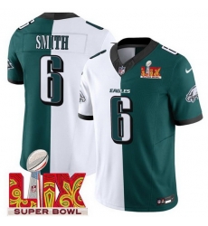 Men Philadelphia Eagles 6 DeVonta Smith White Green Split 2025 Super Bowl LIX Patch F U S E  Vapor Untouchable Limited Stitched Football Jersey