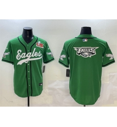 Men Philadelphia Eagles Team Big Logo Green 2025 Super Bowl LIX Patch Stitched Baseball Jersey