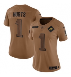 Women Philadelphia Eagles 1 Jalen Hurts 2023 Brown Salute To Service Limited Stitched Football Jersey Run Small Women Philadelphia Eagles 1 Jalen Hurts 2023 Brown Salute To Service Limited Stitched Football Jersey Run Small