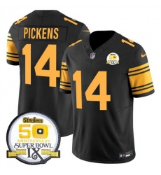 Men Pittsburgh Steelers 14 George Pickens Black 2024 F U S E 50th Anniversary Of Super Bowl IX Color Rush Limited Stitched Jersey Men Pittsburgh Steelers 14 George Pickens Black 2024 F U S E 50th Anniversary Of Super Bowl IX Color Rush Limited Stitched Jersey