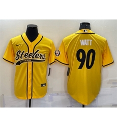 Men Pittsburgh Steelers 90 T J Watt Yellow With Patch Cool Base Stitched Baseball Jersey Men Pittsburgh Steelers 90 T J Watt Yellow With Patch Cool Base Stitched Baseball Jersey