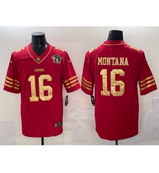 Men San Francisco 49ers 16 Joe Montana Red Gold With 75th Patch Vapor Limited Stitched Football Jersey