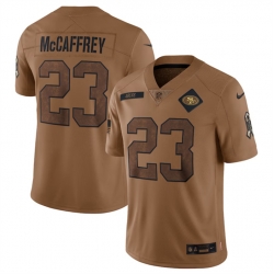 Men San Francisco 49ers 23 Christian McCaffrey 2023 Brown Salute To Service Limited Stitched Football Jersey