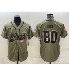 Men San Francisco 49ers 80 Jerry Rice 2022 Olive Salute To Service Cool Base Stitched Baseball Jersey Men San Francisco 49ers 80 Jerry Rice 2022 Olive Salute To Service Cool Base Stitched Baseball Jersey