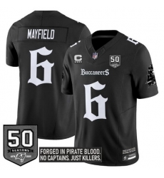 Men Tampa Bay Buccaneers 6 Baker Mayfield Black F U S E  50th Season  26 4 Star C Patch Gothic Pirate Shadows Edition Limited Stitched Football Jersey