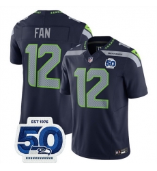 Men Seattle Seahawks 12 Fan Navy 2025 F U S E  50th Anniversary Patch Vapor Untouchable Limited Stitched Football Jersey
