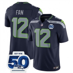 Men Seattle Seahawks 12 Fan Navy 2025 F U S E  50th Anniversary Patch Vapor Untouchable Limited Stitched Football Jersey
