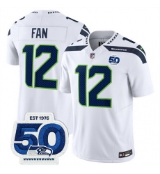 Men Seattle Seahawks 12 Fan White 2025 F U S E  50th Anniversary Patch Vapor Untouchable Limited Stitched Football Jersey
