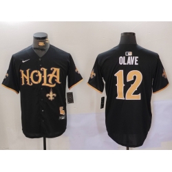 Men New Orleans Saints 12 Chris Olave Black Cool Base Stitched Baseball Jersey 1