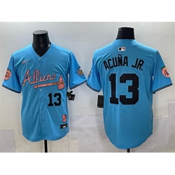 Men Atlanta Braves 13 Ronald Acua Jr  Blue 2024 Atliens  26 Peach With Outkast Patch Vapor Limited Stitched Baseball Jersey