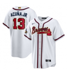 Men Atlanta Braves 13 Ronald Acuna Jr 2022 White Gold World Series Champions Program Cool Base Stitched Baseball jersey Men Atlanta Braves 13 Ronald Acuna Jr 2022 White Gold World Series Champions Program Cool Base Stitched Baseball jersey