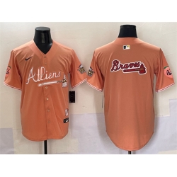 Men Atlanta Braves Team Big Logo Peach 2024 Atliens  26 Peach With Outkast Patch Vapor Limited Stitched Baseball Jersey