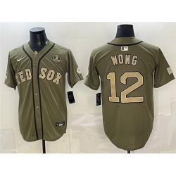 Men Boston Red Sox  12 Connor Wong Olive Armed Forces Day Cool Base Stitched Baseball Jersey