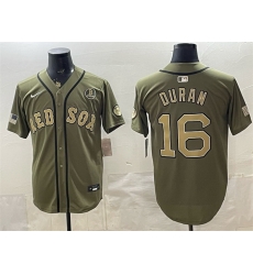 Men Boston Red Sox  16 Jarren Duran Olive Armed Forces Day Cool Base Stitched Baseball Jersey