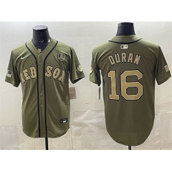 Men Boston Red Sox  16 Jarren Duran Olive Armed Forces Day Cool Base Stitched Baseball Jersey