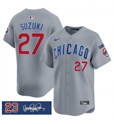Men Chicago Cubs 27 Seiya Suzuki Gray  27Ryne Sandberg Tribute 27 Vapor Limited V3 Stitched Baseball Jersey