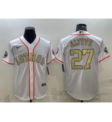 Men Houston Astros 27 Jose Altuve White Gold 2022 World Series Stitched Baseball Jersey Men Houston Astros 27 Jose Altuve White Gold 2022 World Series Stitched Baseball Jersey