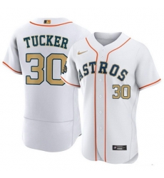 Men Houston Astros 30 Kyle Tucker White 2023 Gold Collection With World Serise Champions Patch Stitched Baseball Jersey Men Houston Astros 30 Kyle Tucker White 2023 Gold Collection With World Serise Champions Patch Stitched Baseball Jersey