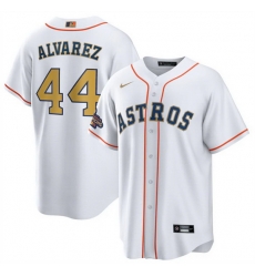 Youth Houston Astros 44 Yordan Alvarez White 2023 Gold Collection With World Serise Champions Patch Stitched Baseball Jersey Youth Houston Astros 44 Yordan Alvarez White 2023 Gold Collection With World Serise Champions Patch Stitched Baseball Jersey