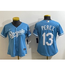 Women Kansas City Royals 13 Salvador Perez Light Blue Cool Base Stitched Jersey