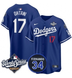 Men Los Angeles Dodgers 17 Shohei Ohtani Royal 2025 World Series With No 34 Patch Limited Stitched Baseball Jersey
