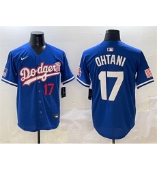 Men Los Angeles Dodgers 17 Shohei Ohtani Royal With American Flag Patch Limited Stitched Baseball Jersey
