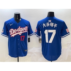 Men Los Angeles Dodgers 17  Shohei Ohtani Royal With American Flag Patch Limited Stitched Baseball Jersey