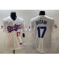Men Los Angeles Dodgers 17 Shohei Ohtani White With American Flag Patch Limited Stitched Baseball Jersey