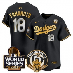 Men Los Angeles Dodgers  18 Yoshinobu Yamamoto Black Gold Fernando Valenzuela   2024 World Series Patch Limited Stitched Baseball Jersey