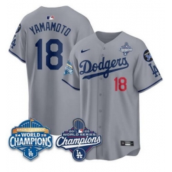 Men Los Angeles Dodgers 18 Yoshinobu Yamamoto Grey 2025 World Series Champions  26 Back to Back Champions With No 34 Patch Limited Stitched Baseball Jersey