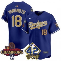 Men Los Angeles Dodgers 18 Yoshinobu Yamamoto Royal Gold 2024 World Series Champions  26 42 Jackie Robinson Patch Vapor Limited Stitched Baseball Jersey