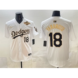 Men Los Angeles Dodgers 18  Yoshinobu Yamamoto White Gold 2025 World Series Patch Limited Stitched Baseball Jersey