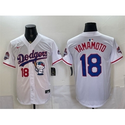 Men Los Angeles Dodgers  18 Yoshinobu Yamamoto White Hello Kitty Night 2025 World Series Champions Patch Stitched Baseball Jersey