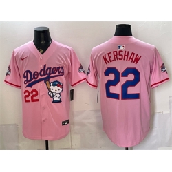 Men Los Angeles Dodgers  22 Clayton Kershaw Pink Hello Kitty Night 2025 World Series Champions Patch Stitched Baseball Jersey