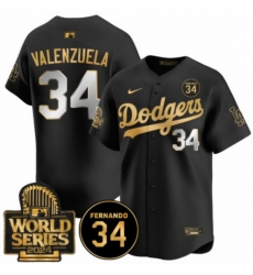 Men Los Angeles Dodgers 34 Fernando Valenzuela Black Gold 2024 World Series With Fernando Patch Vapor Limited Stitched Baseball Jersey
