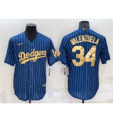Men Los Angeles Dodgers 34 Fernando Valenzuela Navy Gold Cool Base Stitched Baseball Jersey