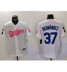 Men Los Angeles Dodgers 37 Teoscar Hernandez White Pink Vin  26 Kobe Patch Stitched Baseball Jersey  2