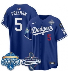 Men Los Angeles Dodgers 5 Freddie Freeman Royal 2025 World Series Champions  26 Back to Back Champions With No 34 Patch Limited Stitched Baseball Jersey