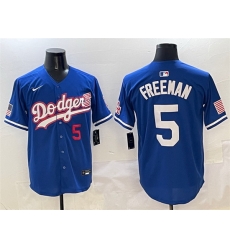 Men Los Angeles Dodgers 5 Freddie Freeman Royal With American Flag Patch Limited Stitched Baseball Jersey